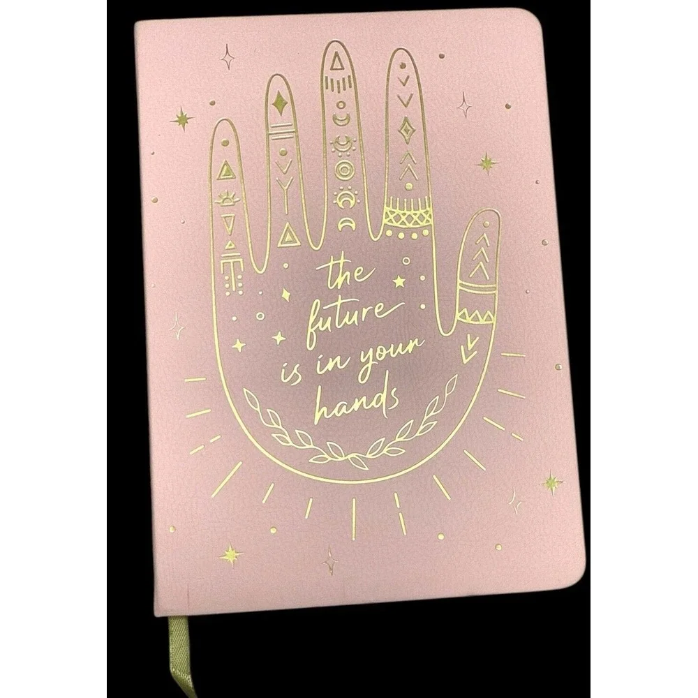 10 Metallic Color Pens & Pink 6x8 Faux Leather Journal Celestial Hand 128 Sheets